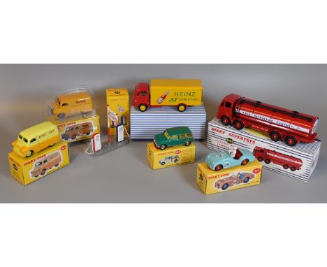 A collection of seven reproduction Dinky diecast model vehicles, all in original boxes to include; Dinky toys 197 Morris Mini