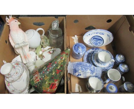 Two boxes of china and other items to include Royal Albert trio set, various blue and white items including Spode blue collec