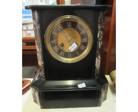 Late Victorian slate and marble two train mantel clock. (B.P. 21% + VAT) We do not test, not currently ticking. Comes with a 