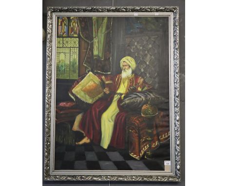 Modern portrait of an Arab gentleman in sumptuous interior, oils on canvas. 97 x 71cm approx, framed. (B.P. 21% + VAT) 