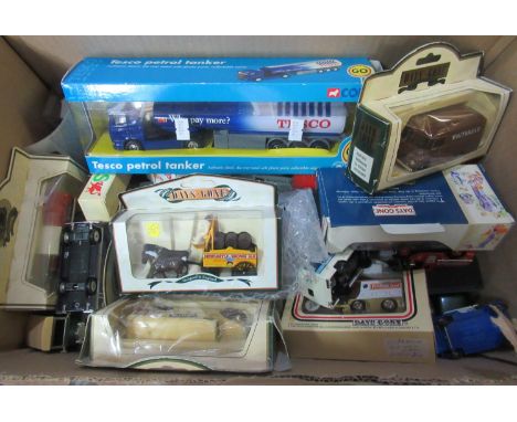 Box of assorted play worn and diecast model vehicles, some in original packaging, Days Gone, Tesco petrol tanker by Corgi, Su
