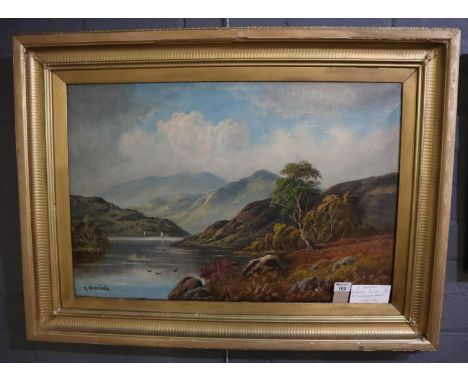 R Marshall (British 19th/20th Century), Scottish landscape with loch and distant mountains, signed, oils on canvas, 56 x 80cm