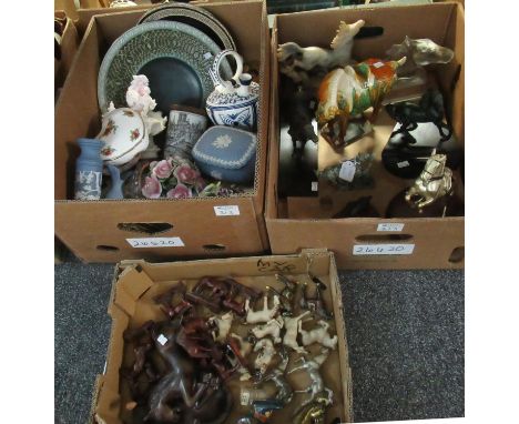 Two boxes of various Oriental design wooden and other horses, frosted glass horse bust, hard stone horse on plinth etc, toget