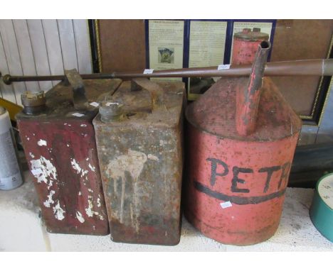 Collection of metalware to include; petrol cans, copper and brass horn, copper kettle, pair of candlesticks, large vintage sp