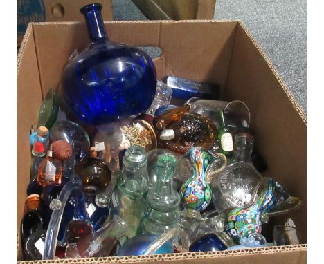 Box of clear and coloured glass to include cod bottles, chemist bottles, vintage measures, art glass pair of vases etc. (B.P.