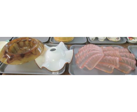A set of three art deco style pink glass shell-shaped wall light shades, together with an amber glass bowl and an opaline gla