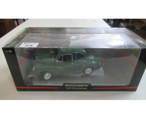 Minichamps car collection 1:18 scale Morris Minor in fitted box. (B.P. 21% + VAT) Box has a bit of worm, grubby and minor tea