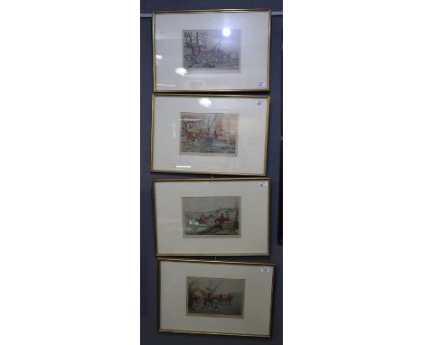 After Aiken, a group of three original sparsely coloured hunting prints to include; 'un-kennelling', 'breaking cover', 'full 
