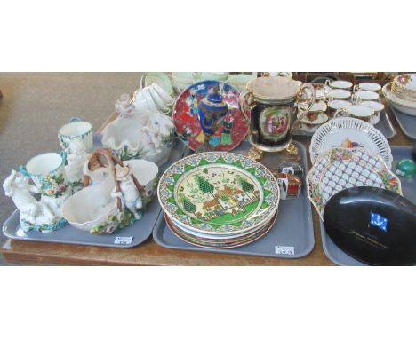 Two trays of assorted china to include; pair of elephant ceramic salt and pepper shakers, Persian and other design plates, co