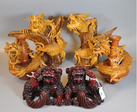 Group of modern Chinese style ornaments to include; a pair of dragons and trees, pair of dragons and ceramic vases and a pair