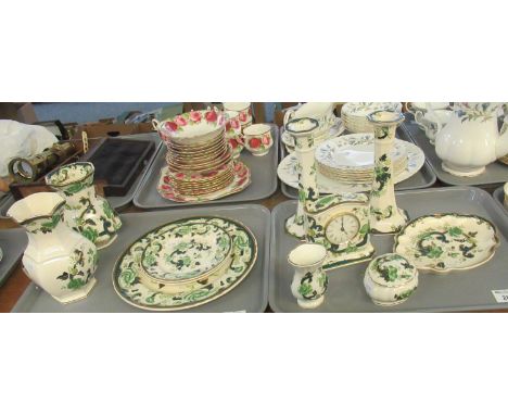 Two trays of Masons Ironstone chartreuse design items to include a pair of candle sticks, a mantel clock, plates, vases, etc.