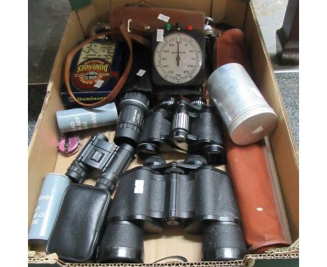 Box of various items to include: a chess timer, three pairs of binoculars including Miranda and Prinzlux Spacemaster, an Angl