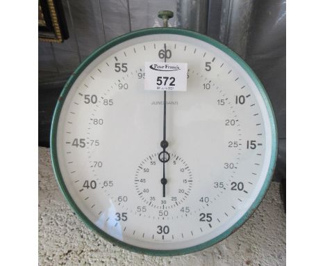 Unusual Junghans table top or wall stopwatch in green case with white face. Diameter 21cm approx. (B.P. 21% + VAT) Currently 