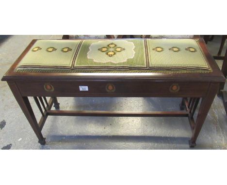 Edwardian mahogany double seated piano stool with hinged lid, upholstered tapestry and Art Nouveau organic decoration on squa