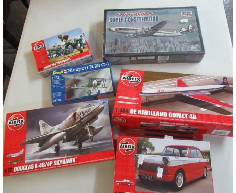 Box of Airfix and other model kits to include; De Havilland Comet 4B, Triumph Herald, Douglas Skyhawk etc. (B.P. 21% + VAT) 