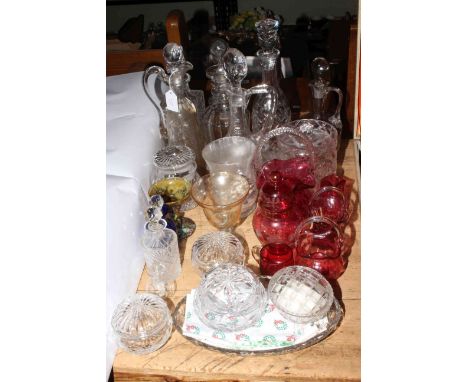 Collection of glasswares including ruby glass, decanters and ewers, powder bowls, vases, etc.