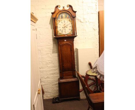 Oak cased eight day longcase clock with painted dial.