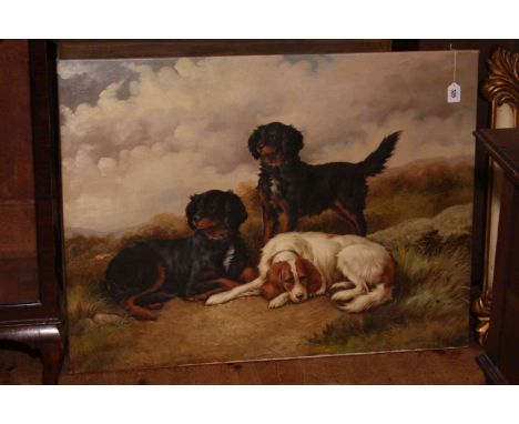 Oil painting on canvas of three resting hunting dogs, unsigned and unframed.