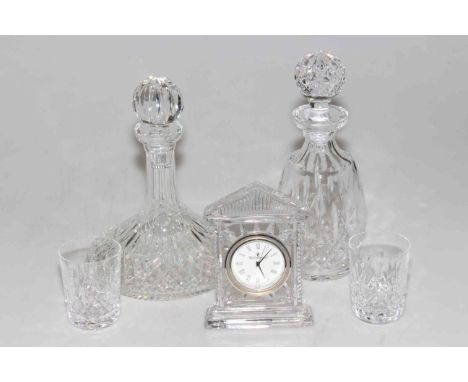 Waterford ships decanter, spirit decanter and two tumblers and mantel clock (5).