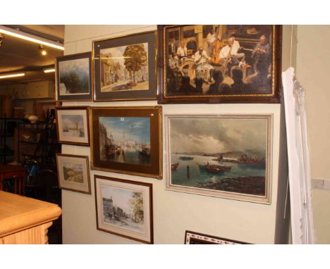 Collection of eight pictures including Turner Venice print, oils of jazz band, and fishing boats, etc.