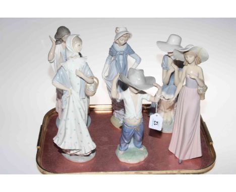 Six large Nao figures, five ladies and boy with large hat.