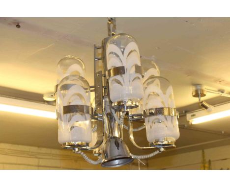 Six branch etched Art Deco ceiling light.