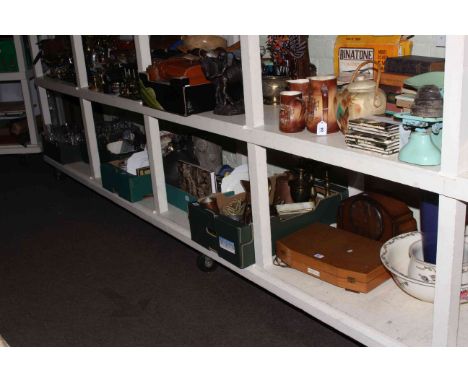 Five boxes of glass, metalwares and china, together with mantel clock and cased cutlery.