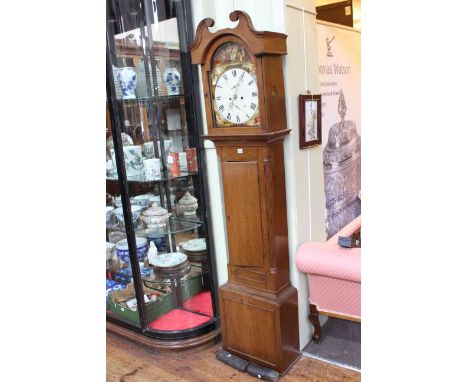 Antique oak eight day longcase clock with painted arch dial.