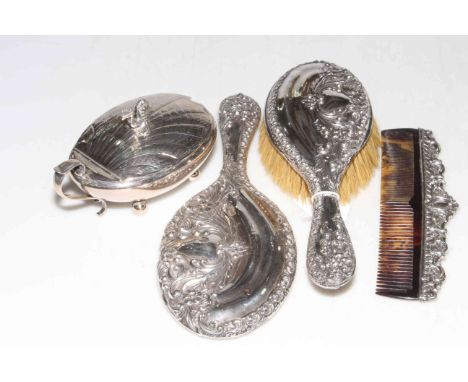 Oval caviar dish, stamped Art Krupp, Berndorf, and ornate silver backed brush, mirror and comb (4).