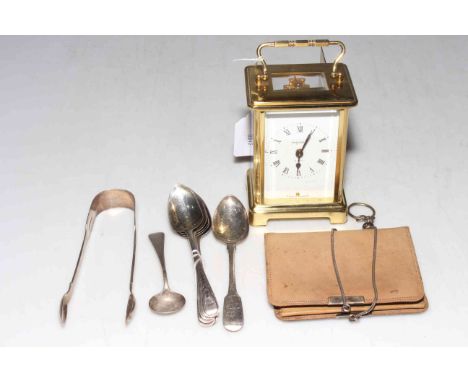 Antique silver teaspoons and tongs, silver mounted purse, and French gilt brass carriage clock.