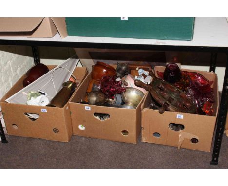 Three boxes of tools, glass, metalwares, Royal Doulton Fair Lady, ships wheel, stoneware, etc.