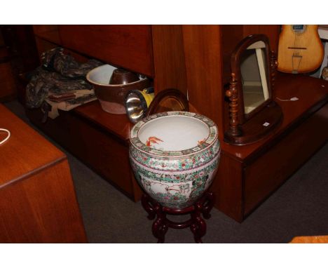 Oriental fish bowl with stand, Deerhunter hunting jacket, stoneware, toilet mirror, hunting bags.