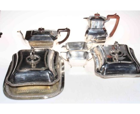 Pair of silver plated entree dish, 1930's EP tea set and pierced tray.