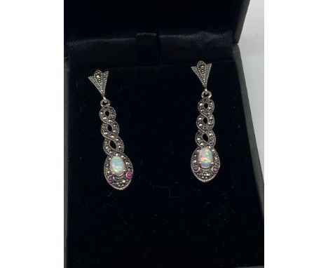 A pair of silver, Marcasite and Opal paneled drop earrings 