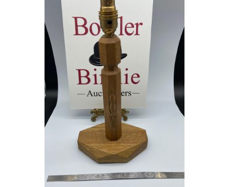 A Vintage hand carved light oak Mouseman table lamp. [31cm height][needs re-wiring] 