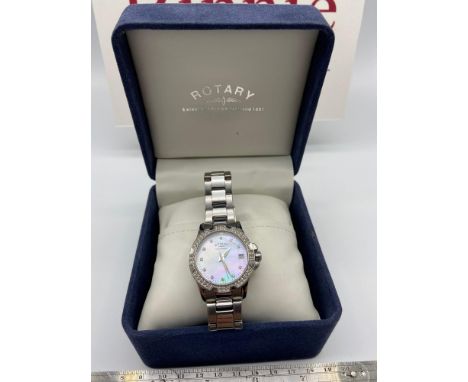 A Ladies Rotary Chronospeed watch, designed with cz cluster and a mother of pearl face. Comes with original box 