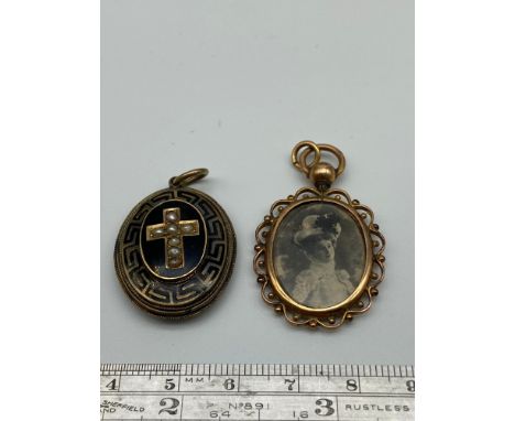 A Victorian Gold Mourning pendant together with a gilt metal, Cross, seed pearl and Greek key design mourning pendant. 