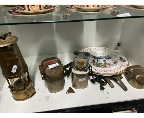 Antique minors lamp, Minors brass tag, Two never used respirators and three Minors collectors plates