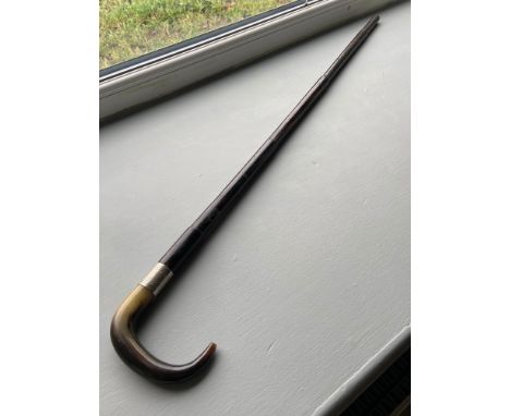 A Victorian BTE S.O.C.O Silver collar, Horn handle walking cane with hidden gun fitment. [86cm length] 