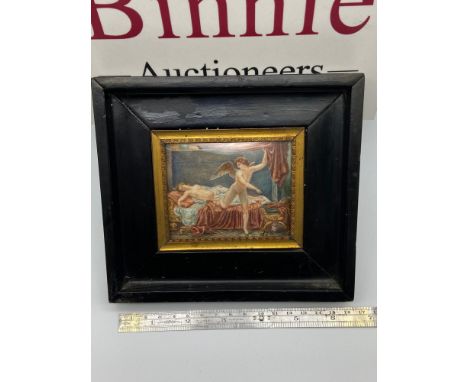 A Late 18th/ Early 19th century miniature painting of an Angel climbing out a nude ladies bed. Signed R DUMANS d'Boucher. Fit