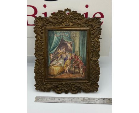 A Regency highly detailed miniature painting depicting lovers surrounded by cherubs. Signed R Dumans. Fitted with a concave g