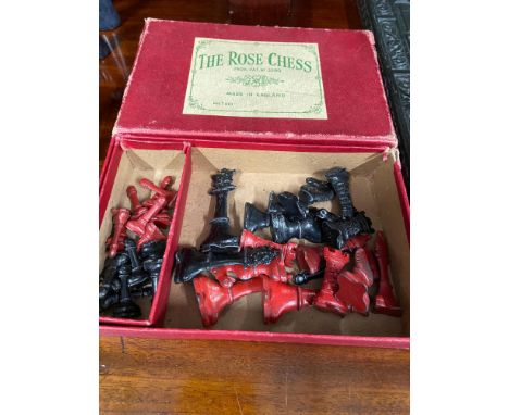 Antique lead painted chess set produced by The Roses Chess. 