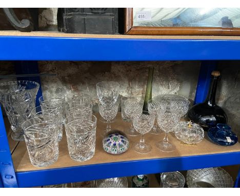 A Shelf containing a quantity of fine crystal and art glass. Includes Mdina vase, Whisky onion shaped bottle decanter, a set 