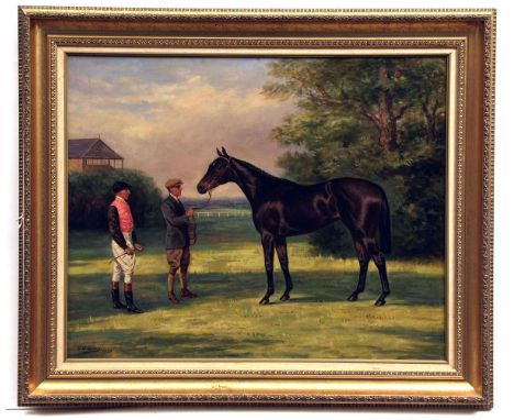 GODFREY DOUGLAS GILES (1857-1941, BRITISH) Racehorse Portrait with Jockey Herbert Jones and Trainer Dick Marsh oil on canvas,
