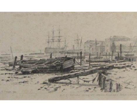 AFTER MARTIN SNAPE (1852-1930, BRITISH)HMS Victory lying off Camper Nicolson s Yard, Gosport  black and white lithograph, ins