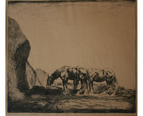 *JOHN NICOLSON, ARE (1891-1952, BRITISH)Horses by Hayricks black and white lithograph, signed and numbered 27/100 in pencil t