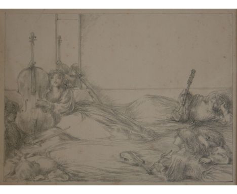 CHARLES HASLEWOOD SHANNON, RA, (1863-1937, BRITISH)With Viol and Flute black and white lithograph 6 1/2 x 9ins, mounted but u