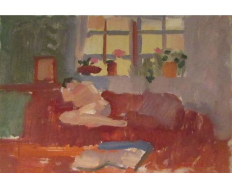 DEREK INWOOD (1925-2012) Girl on The Sofa  and  West Runton  two oils, both signed lower right 15 = x 20 ins and 14 x 19 ins 