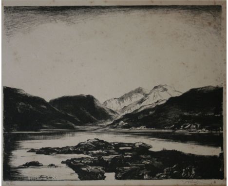 *JOHN NICOLSON, ARE (1891-1952, BRITISH)A Scottish Loch black and white lithograph, signed and numbered 83/100 in pencil to l