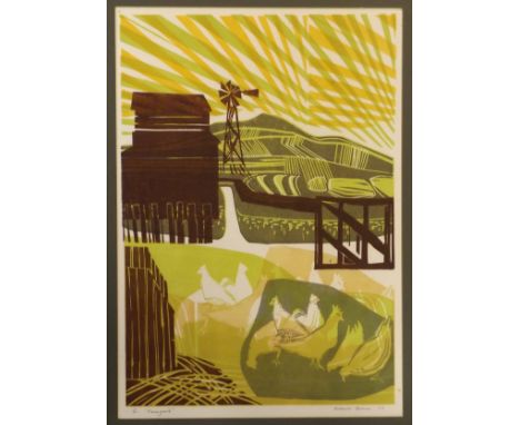 *ROBERT BARNES (BORN 1947, BRITISH) Farmyard  coloured lithograph, signed, dated  73, numbered 1/20 and inscribed with title 